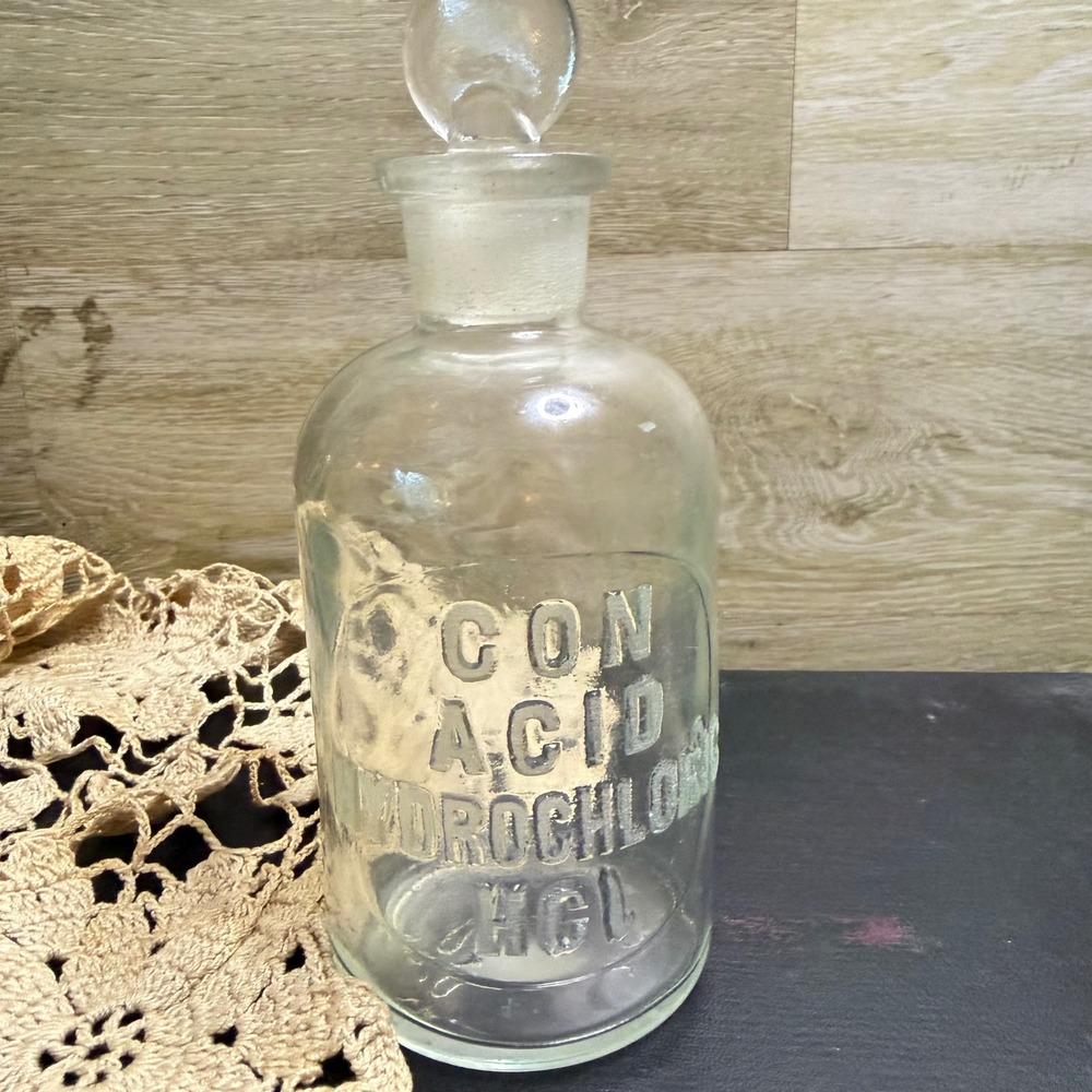 Vintage TC Wheaton Clear Glass Apothecary Bottle Hydrochloric Acid HCl Stopper